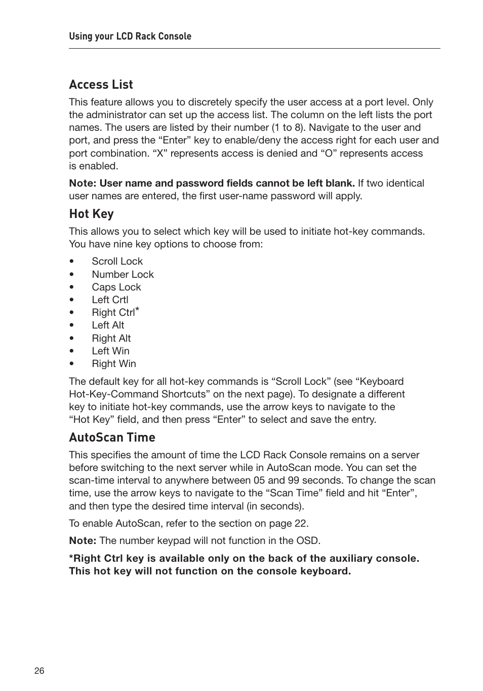 Access list, Hot key, Autoscan time | Belkin F1DC116C-US User Manual | Page 28 / 40