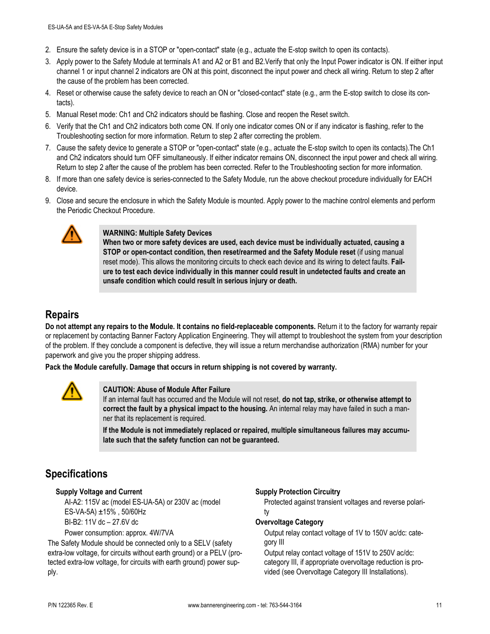Repairs, Specifications | Banner ES-FA-6G Safety Module User Manual | Page 11 / 16