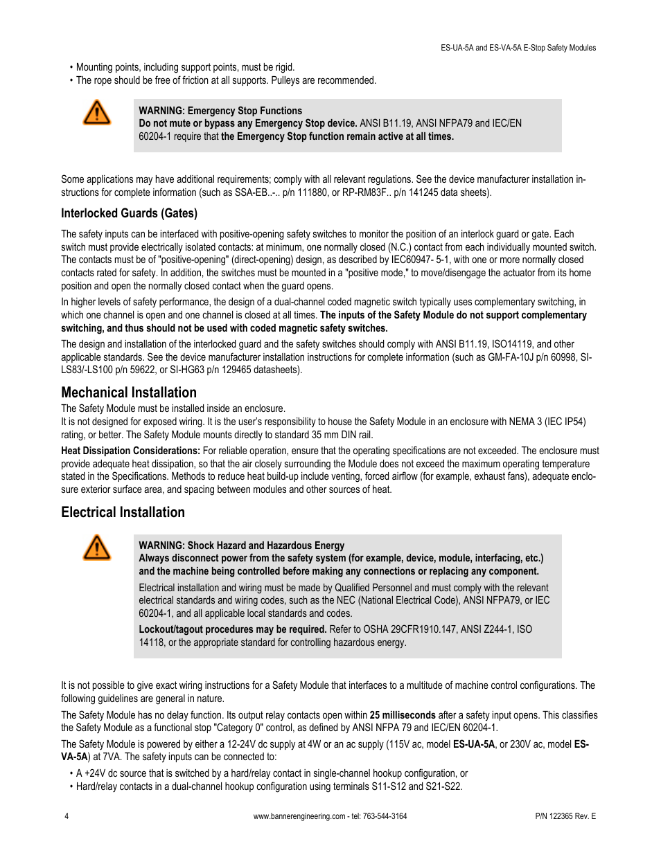 Mechanical installation, Electrical installation | Banner ES-FA-6G Safety Module User Manual | Page 4 / 16