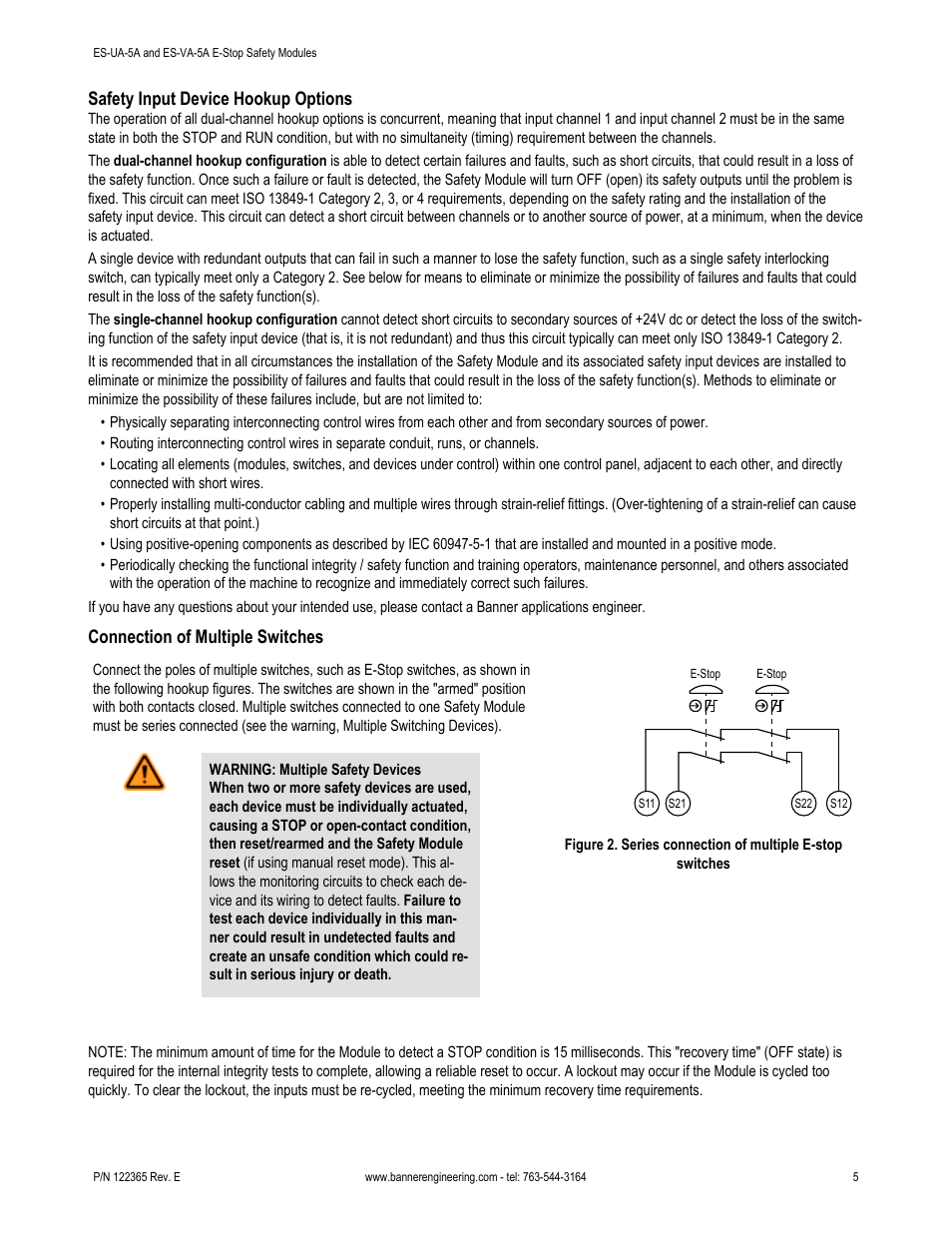 Safety input device hookup options, Connection of multiple switches | Banner ES-FA-6G Safety Module User Manual | Page 5 / 16