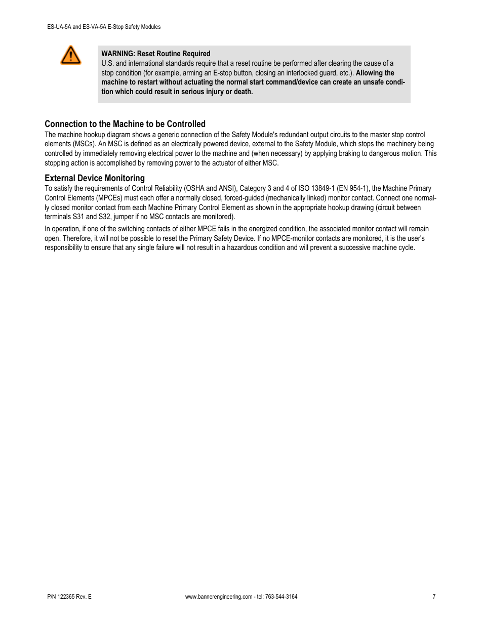 Connection to the machine to be controlled, External device monitoring | Banner ES-FA-6G Safety Module User Manual | Page 7 / 16