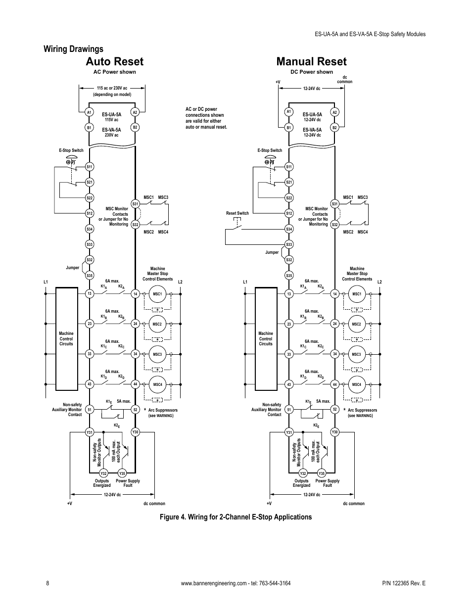 Auto reset manual reset, Wiring drawings, Figure 4. wiring for 2-channel e-stop applications | Banner ES-FA-6G Safety Module User Manual | Page 8 / 16
