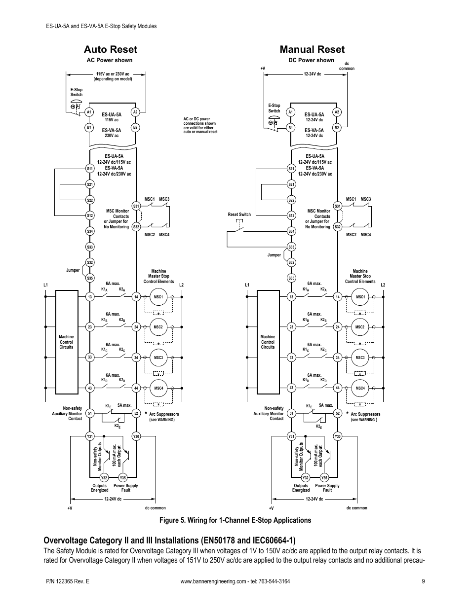 Auto reset manual reset, Figure 5. wiring for 1-channel e-stop applications | Banner ES-FA-6G Safety Module User Manual | Page 9 / 16