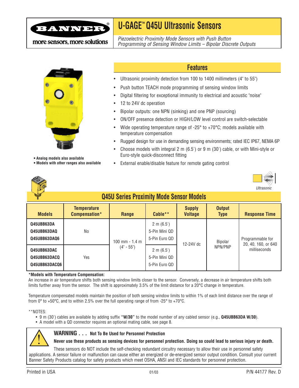 Banner U-GAGE Q45U Series—Analog User Manual | 8 pages