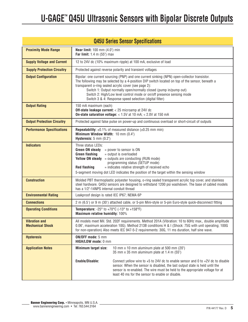 U-gage, Q45u series sensor specifications | Banner U-GAGE Q45U Series—Analog User Manual | Page 5 / 8