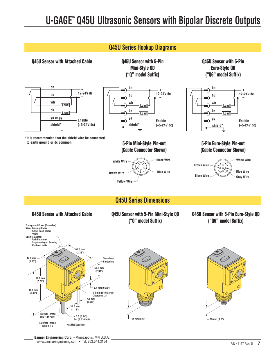 U-gage, Q45u series hookup diagrams q45u series dimensions, Pin mini-style pin-out (cable connector shown) | Pin euro-style pin-out (cable connector shown) | Banner U-GAGE Q45U Series—Analog User Manual | Page 7 / 8