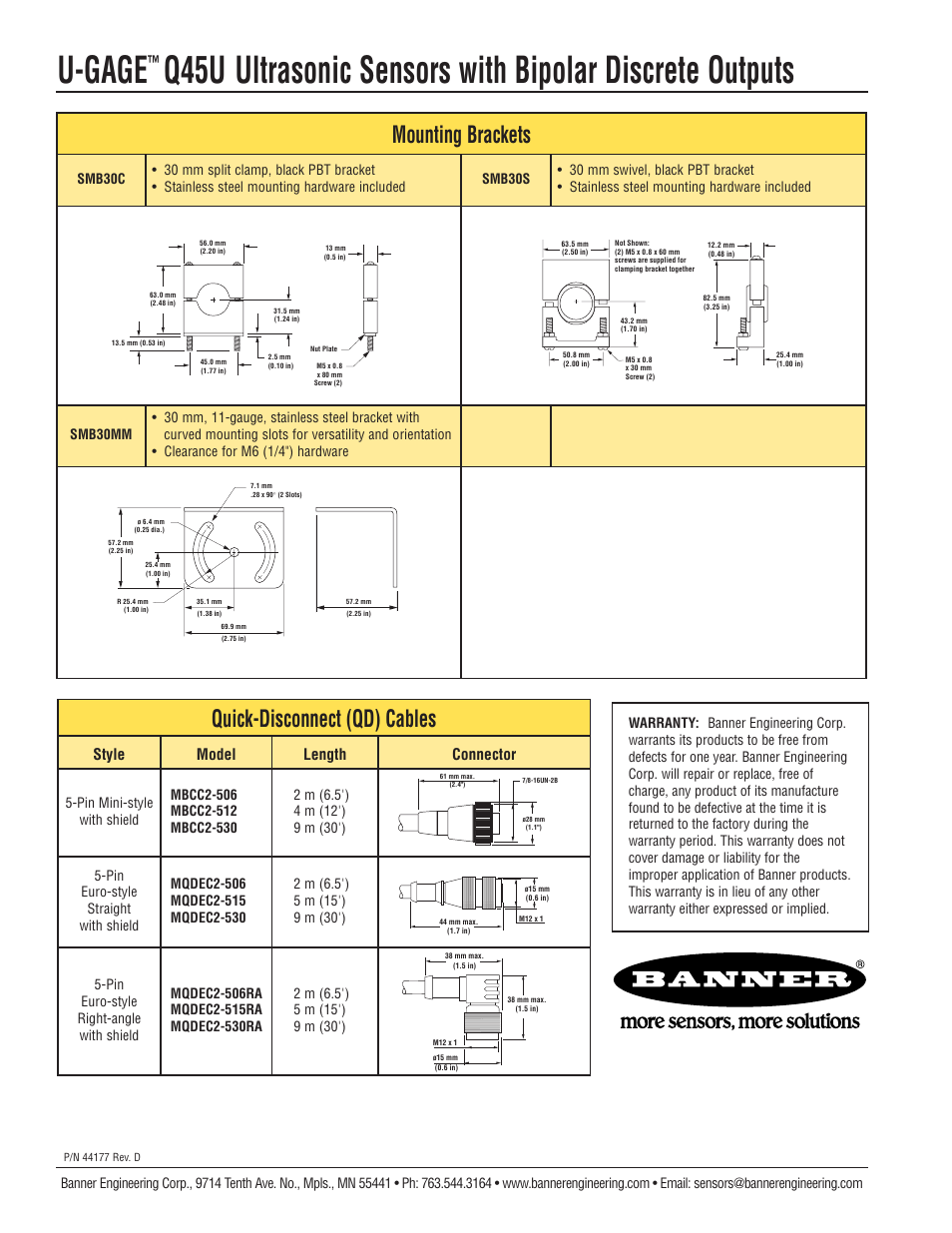 U-gage, Mounting brackets, Quick-disconnect (qd) cables | Style model length connector | Banner U-GAGE Q45U Series—Analog User Manual | Page 8 / 8