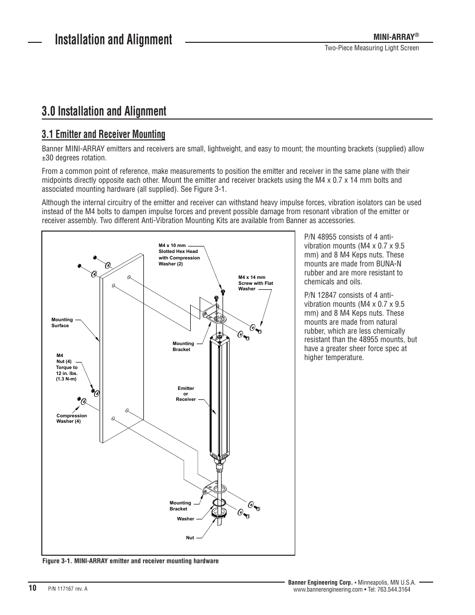 Installation and alignment, 0 installation and alignment, 1 emitter and receiver mounting | Mini-array | Banner A-GAGE MINI-ARRAY Series User Manual | Page 10 / 16