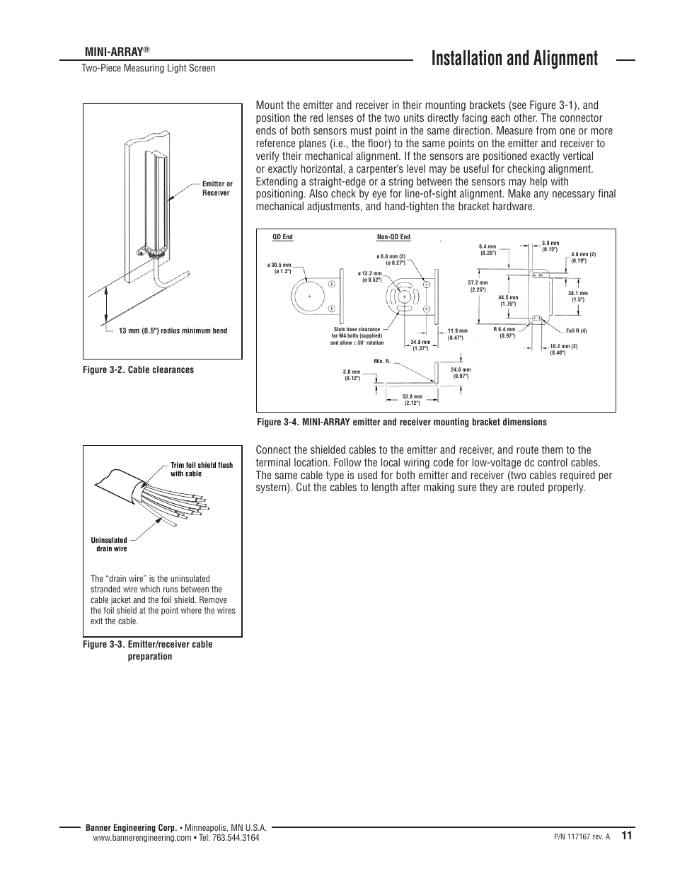 Installation and alignment, Mini-array, Two-piece measuring light screen | Banner A-GAGE MINI-ARRAY Series User Manual | Page 11 / 16