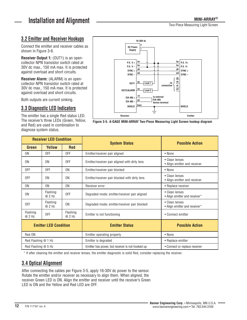 Installation and alignment, 2 emitter and receiver hookups, 3 diagnostic led indicators | 4 optical alignment | Banner A-GAGE MINI-ARRAY Series User Manual | Page 12 / 16