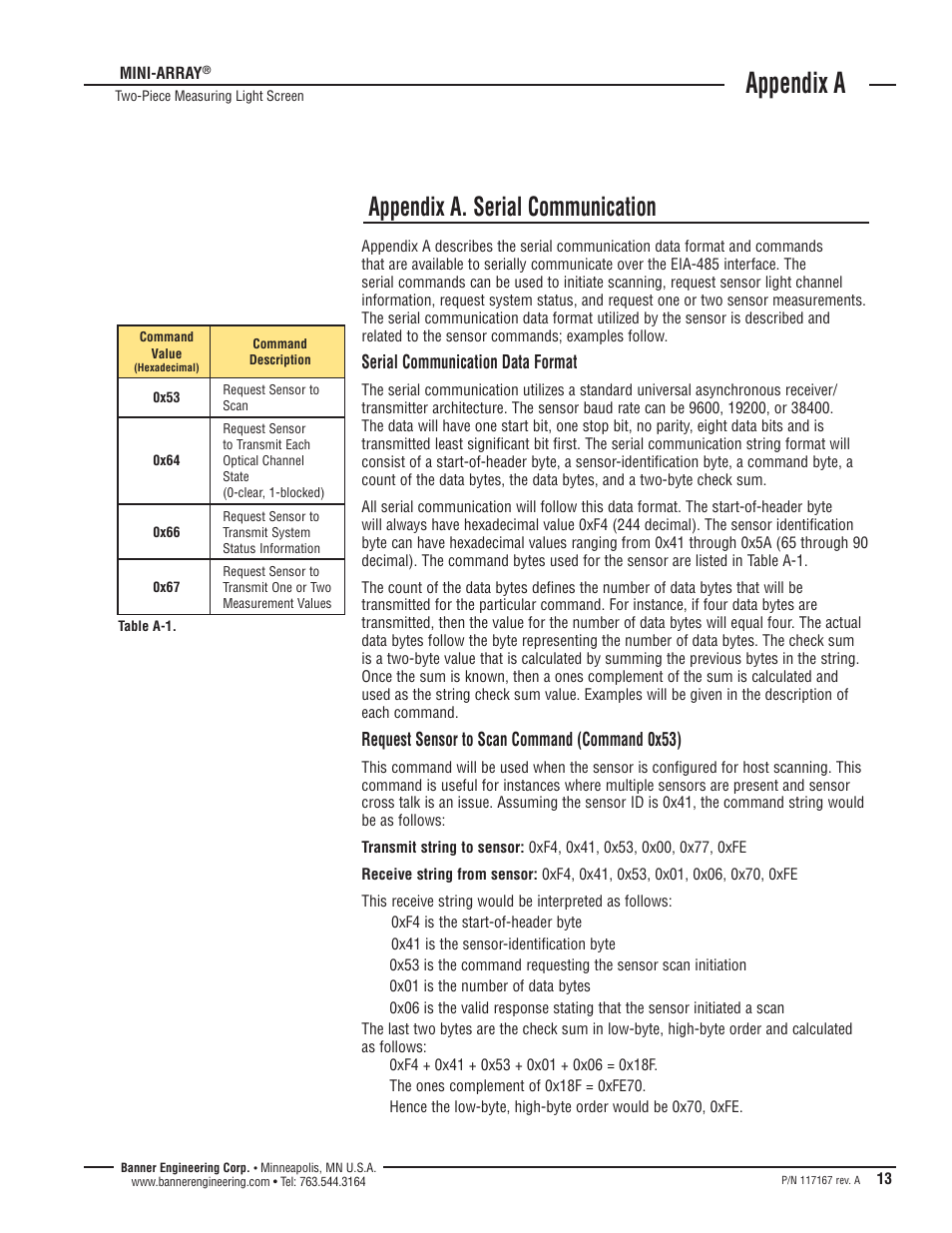 Appendix a, Appendix a. serial communication, Serial communication data format | Request sensor to scan command (command 0x53) | Banner A-GAGE MINI-ARRAY Series User Manual | Page 13 / 16