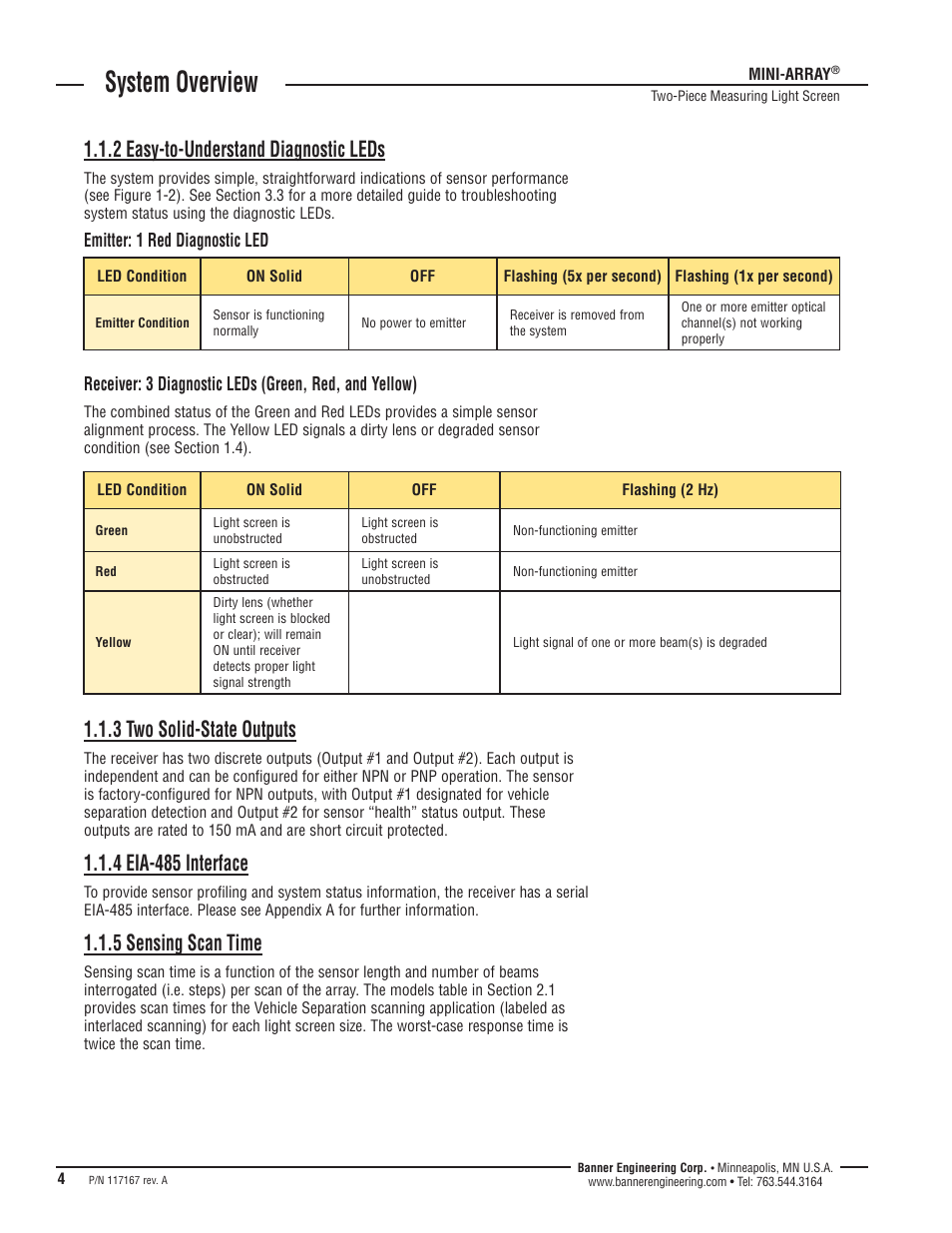 System overview, 2 easy-to-understand diagnostic leds, 3 two solid-state outputs | 4 eia-485 interface, 5 sensing scan time | Banner A-GAGE MINI-ARRAY Series User Manual | Page 4 / 16