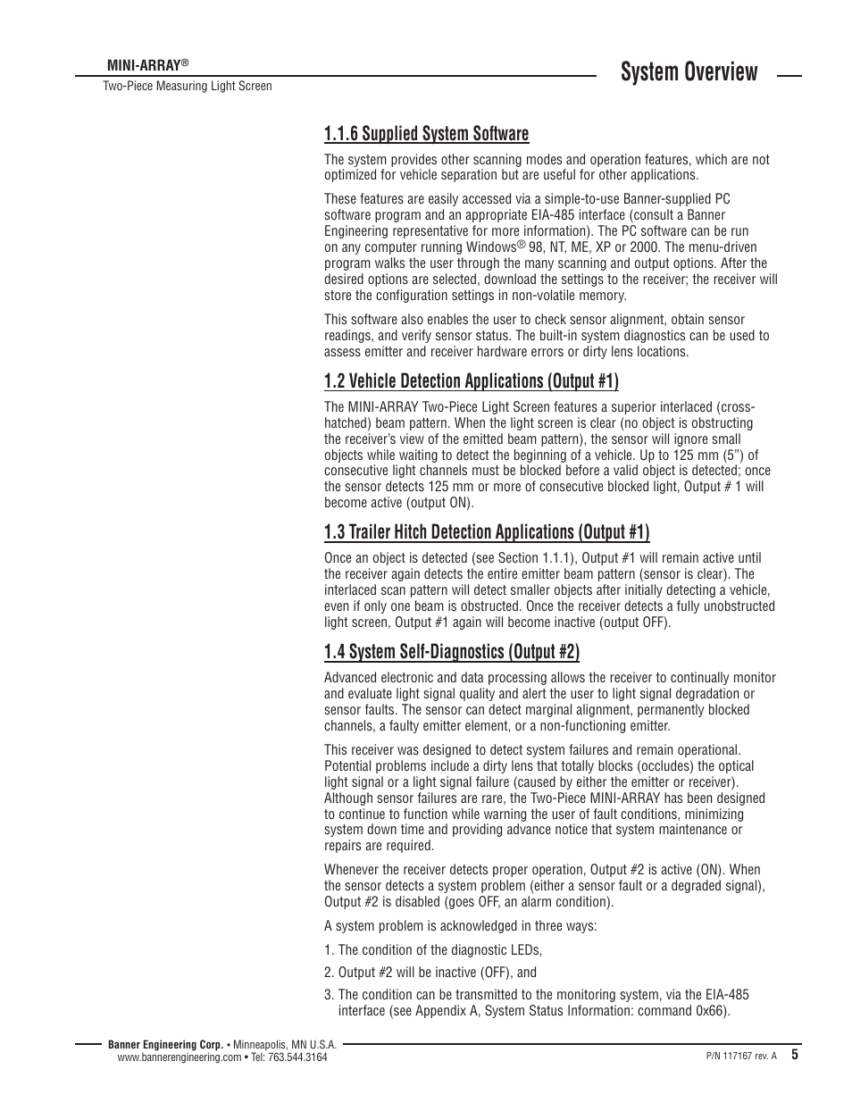 System overview, 6 supplied system software, 2 vehicle detection applications (output #1) | 3 trailer hitch detection applications (output #1), 4 system self-diagnostics (output #2) | Banner A-GAGE MINI-ARRAY Series User Manual | Page 5 / 16