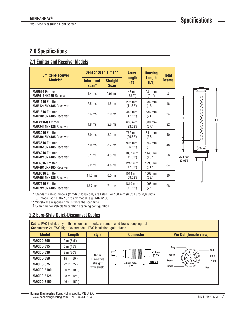 Specifications, 0 specifications, 1 emitter and receiver models | 2 euro-style quick-disconnect cables | Banner A-GAGE MINI-ARRAY Series User Manual | Page 7 / 16