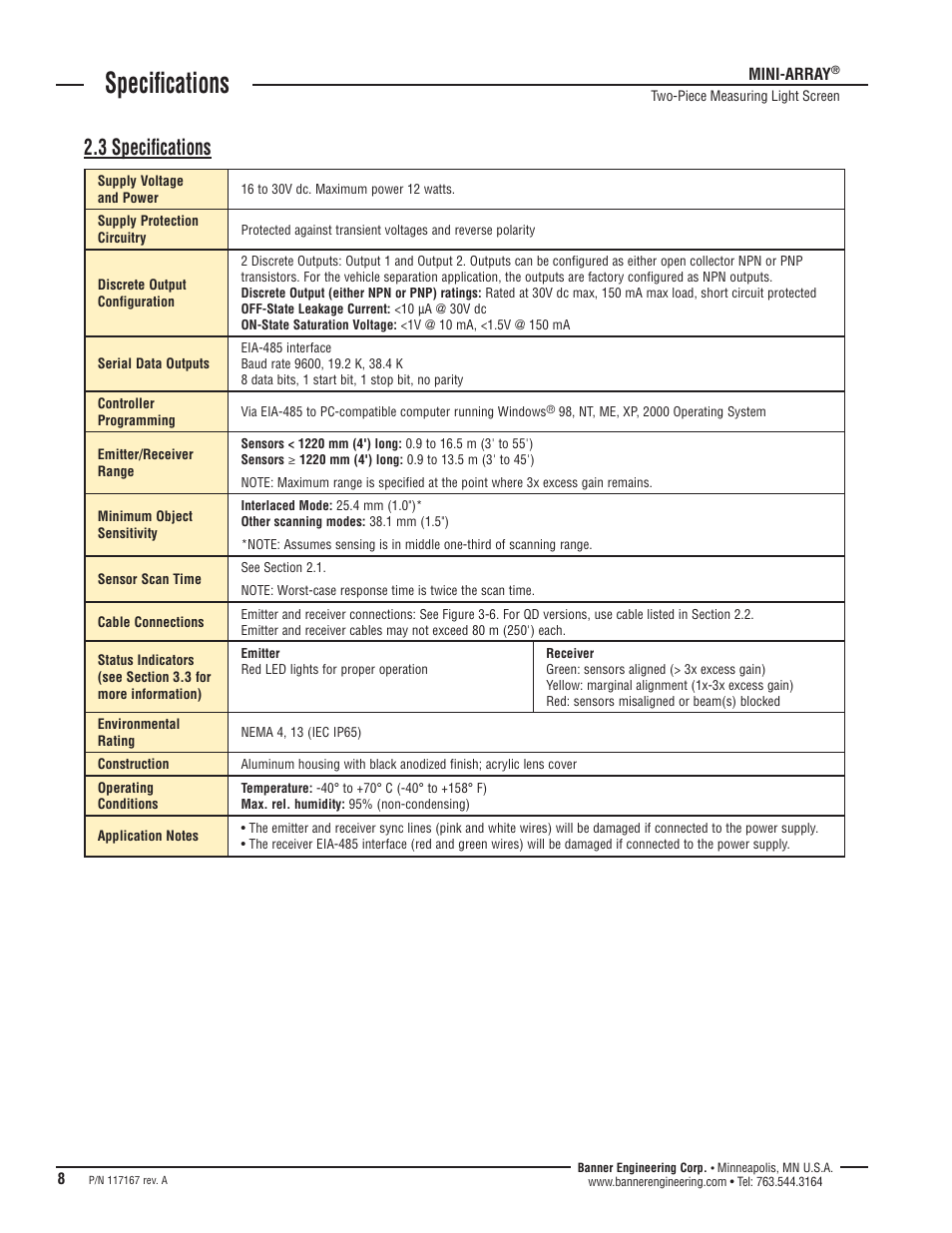 Specifications, 3 specifications | Banner A-GAGE MINI-ARRAY Series User Manual | Page 8 / 16