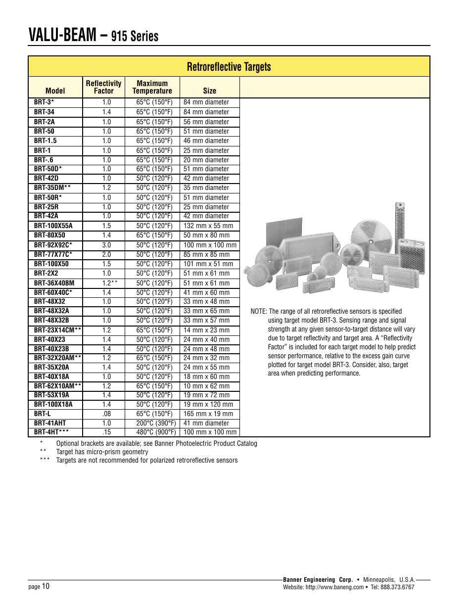 Valu-beam, 915 series, Retroreflective targets | Banner VALU-BEAM Series User Manual | Page 10 / 12