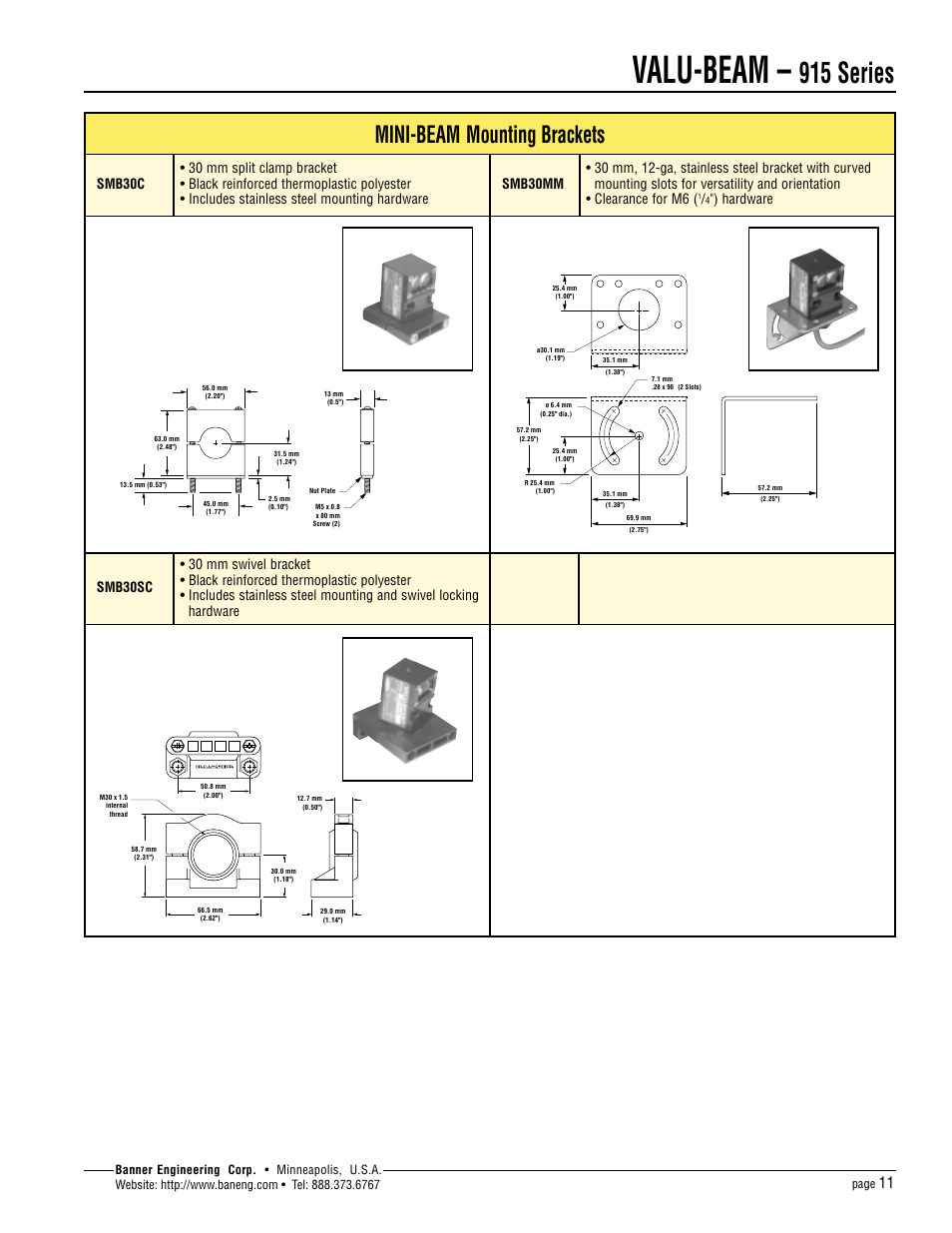 Valu-beam, 915 series, Mini-beam mounting brackets | Hardware, Page | Banner VALU-BEAM Series User Manual | Page 11 / 12