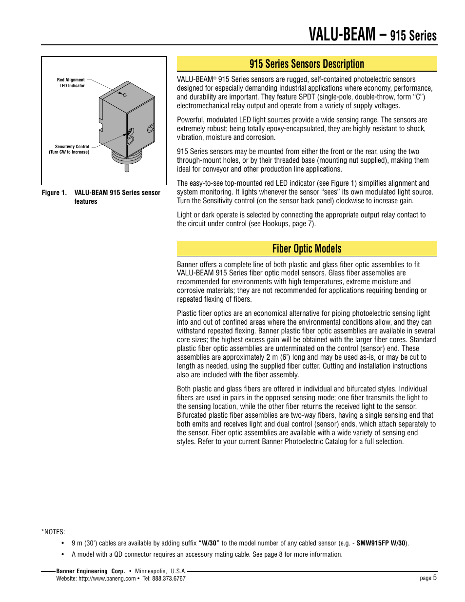 Valu-beam, 915 series, 915 series sensors description | Fiber optic models | Banner VALU-BEAM Series User Manual | Page 5 / 12