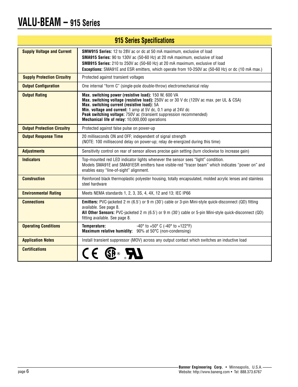 Valu-beam, 915 series, 915 series specifications | Banner VALU-BEAM Series User Manual | Page 6 / 12