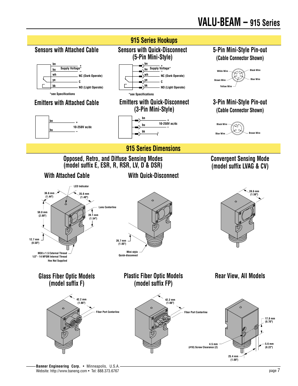 Valu-beam, 915 series, 915 series hookups | 915 series dimensions, Pin mini-style pin-out, Plastic fiber optic models (model suffix fp), Rear view, all models, Cable connector shown) | Banner VALU-BEAM Series User Manual | Page 7 / 12