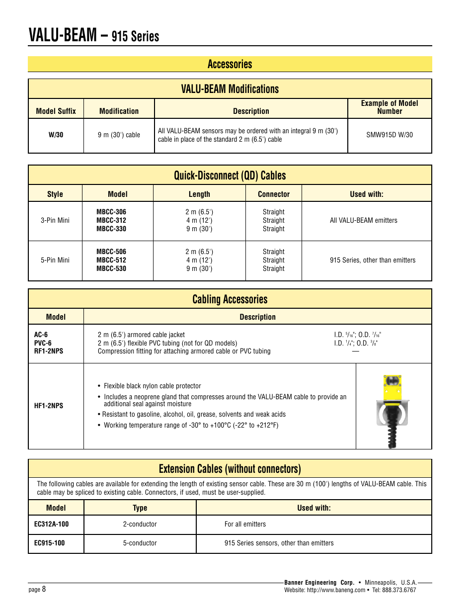 Valu-beam, 915 series, Accessories | Valu-beam modifications, Quick-disconnect (qd) cables, Cabling accessories, Extension cables (without connectors) | Banner VALU-BEAM Series User Manual | Page 8 / 12