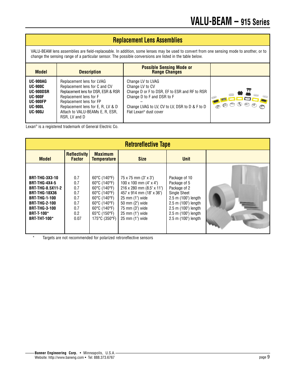 Valu-beam, 915 series, Replacement lens assemblies | Retroreflective tape | Banner VALU-BEAM Series User Manual | Page 9 / 12