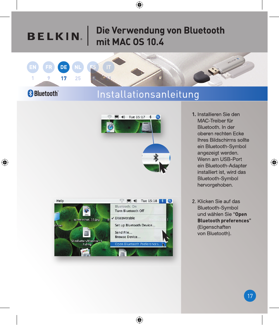 Installationsanleitung, Bluetooth, Die verwendung von bluetooth mit mac os 10.4 | Belkin P75094EA User Manual | Page 17 / 48