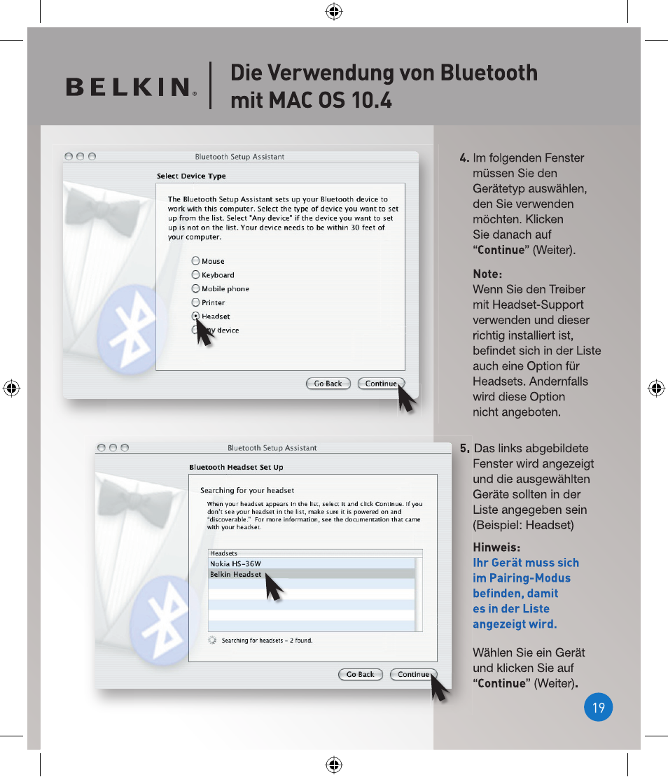 Belkin, Die verwendung von bluetooth mit mac os 10.4 | Belkin P75094EA User Manual | Page 19 / 48