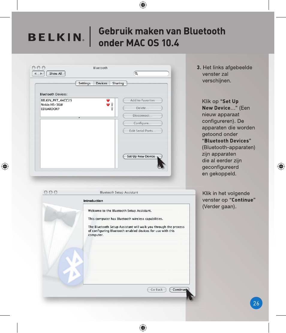 Gebruik maken van bluetooth ondermacos10.4, O o o | Belkin P75094EA User Manual | Page 26 / 48