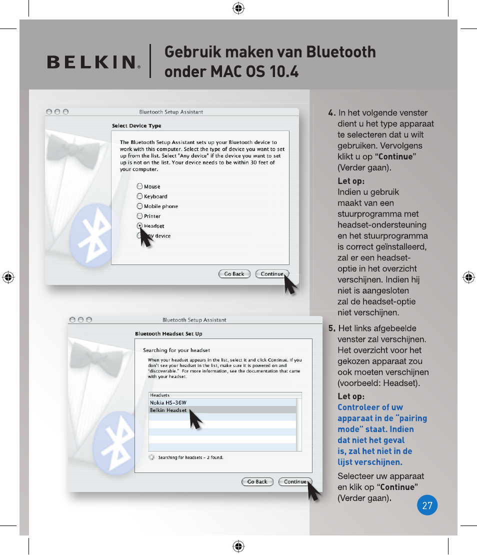 Belkin, Gebruik maken van bluetooth ondermac os 10.4 | Belkin P75094EA User Manual | Page 27 / 48