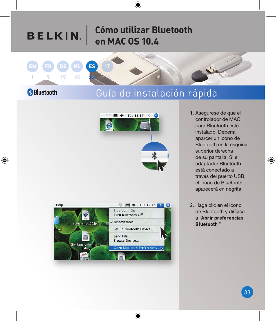 Guía de instalación rápida, Bluetooth, Cómo utilizar bluetooth en mac os 10.4 | Belkin P75094EA User Manual | Page 33 / 48