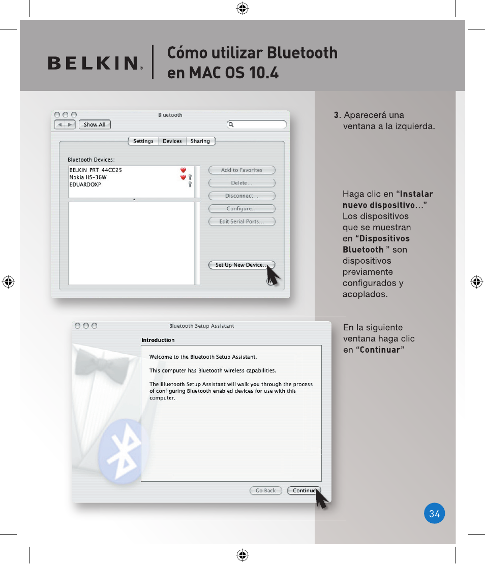 Cómo utilizar bluetooth en mac os 10.4, O o o | Belkin P75094EA User Manual | Page 34 / 48