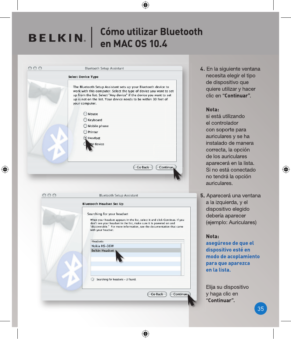 Belkin, Cómo utilizar bluetooth en mac os 10.4 | Belkin P75094EA User Manual | Page 35 / 48