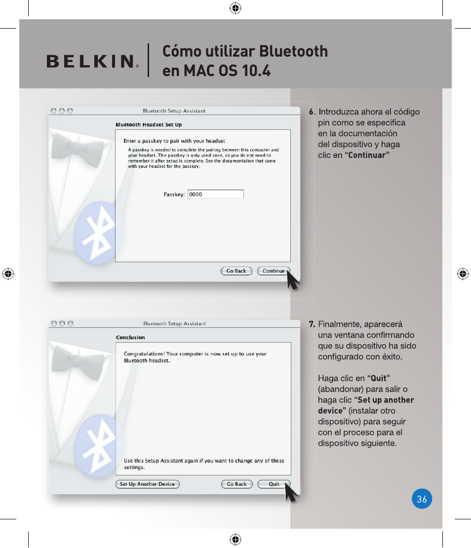 Cómo utilizar bluetooth en mac os 10.4, O o o | Belkin P75094EA User Manual | Page 36 / 48