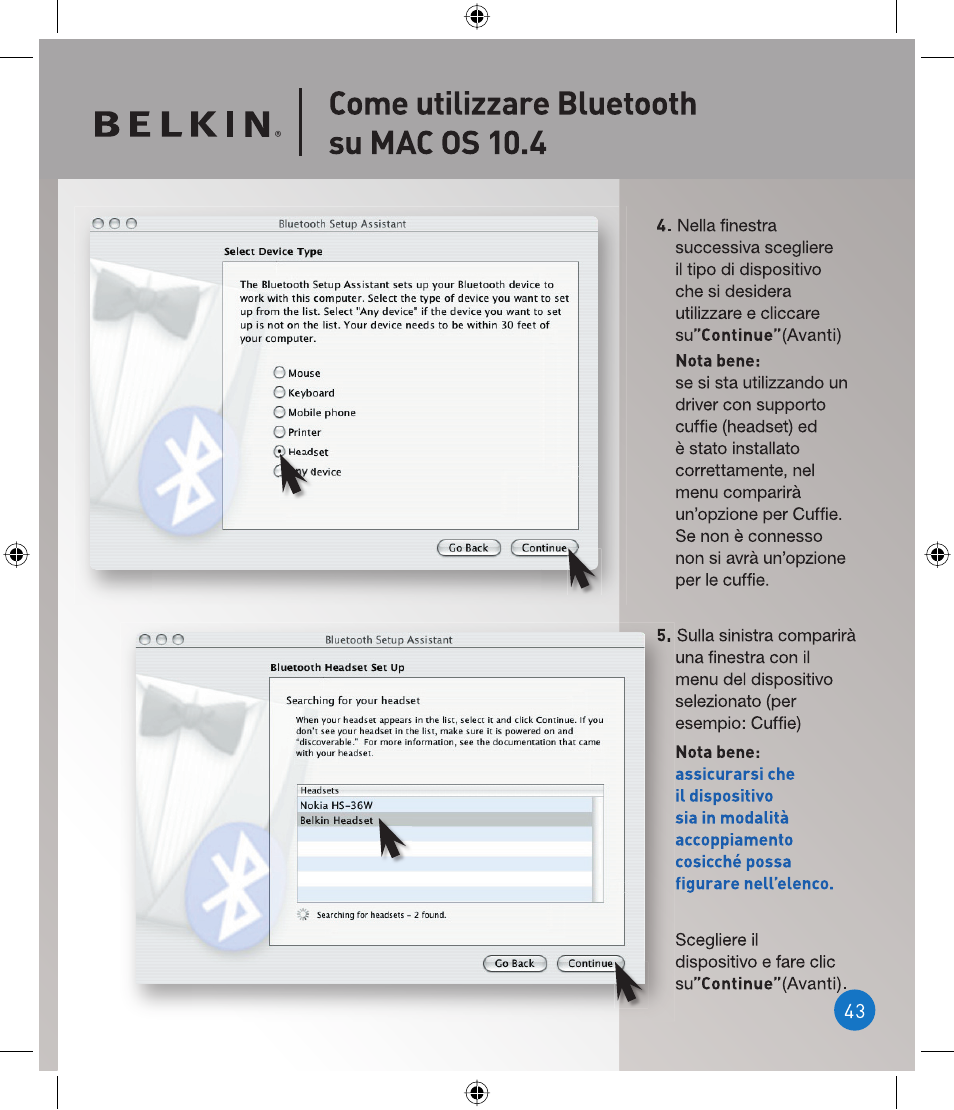 Belkin, Come utilizzare bluetooth su mac os 10.4 | Belkin P75094EA User Manual | Page 43 / 48