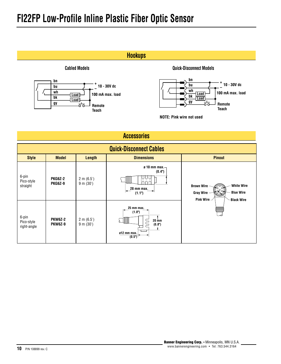 Hookups, Quick-disconnect cables, Accessories | Banner FI22 Expert Series User Manual | Page 10 / 12