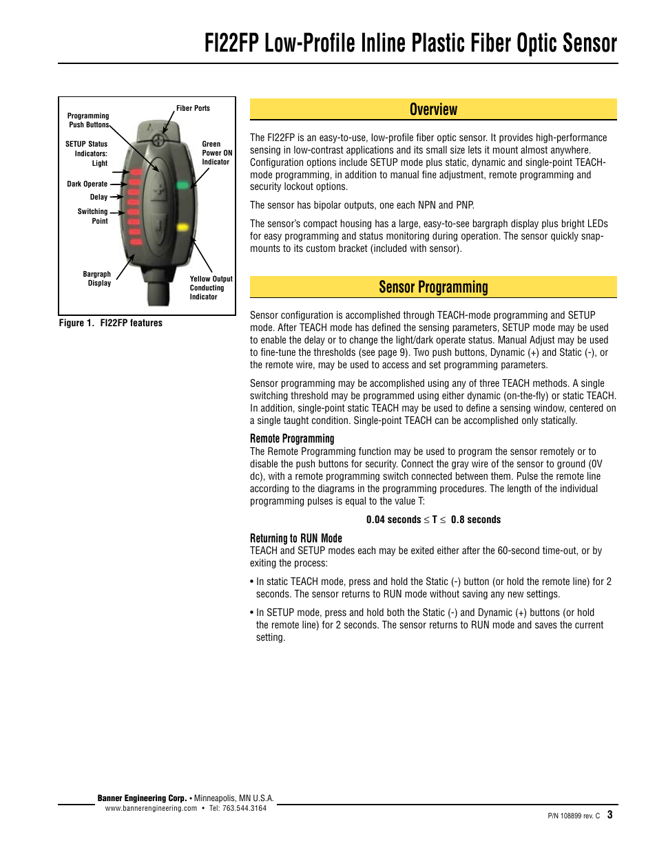 Overview, Sensor programming | Banner FI22 Expert Series User Manual | Page 3 / 12