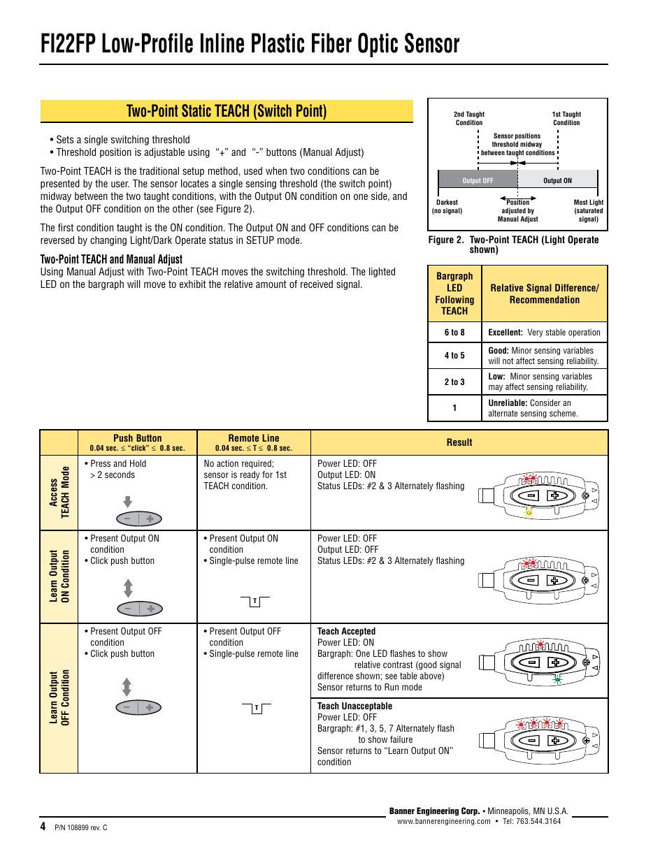 Two-point static teach (switch point), Two-point teach and manual adjust | Banner FI22 Expert Series User Manual | Page 4 / 12