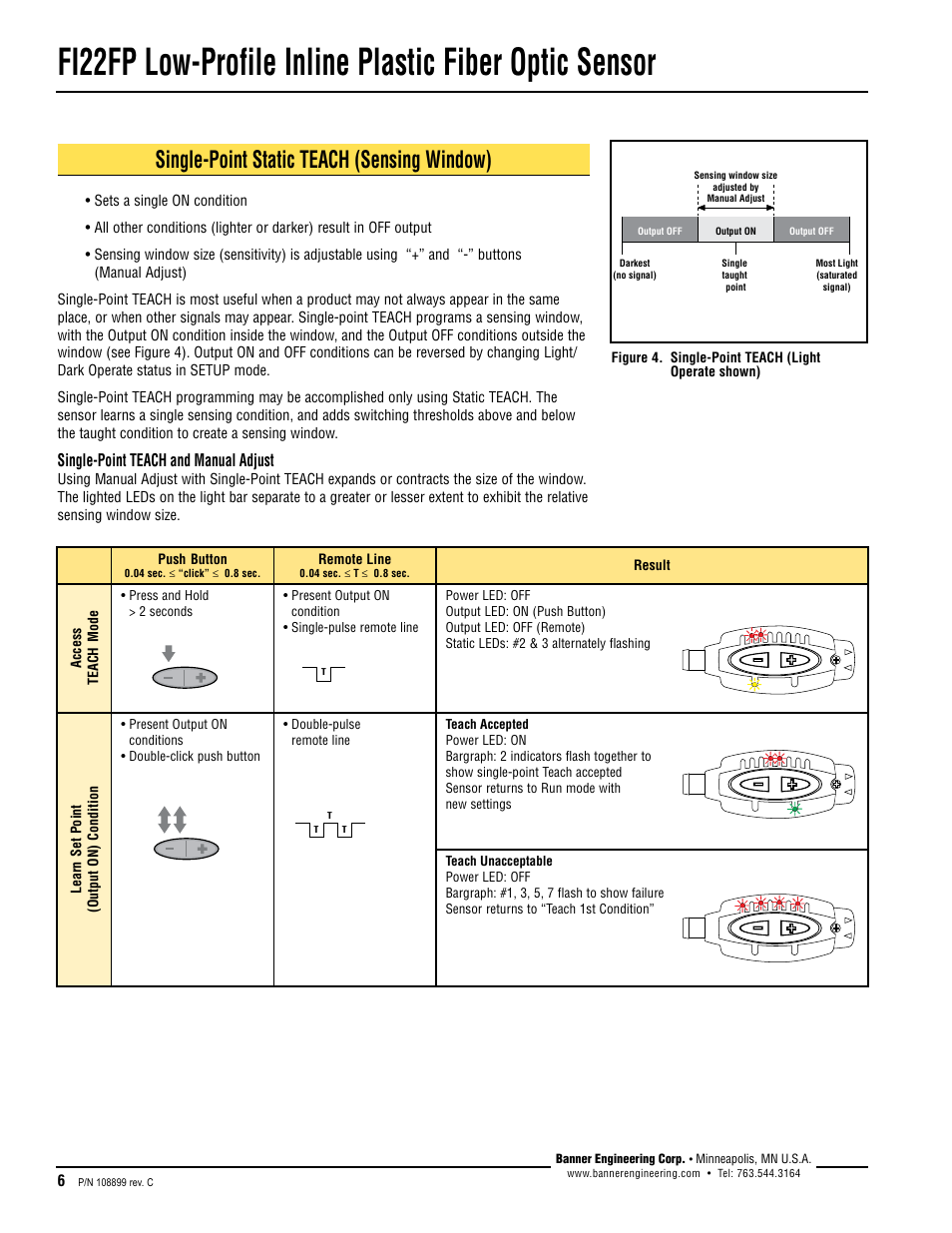 Single-point static teach (sensing window), Single-point teach and manual adjust | Banner FI22 Expert Series User Manual | Page 6 / 12