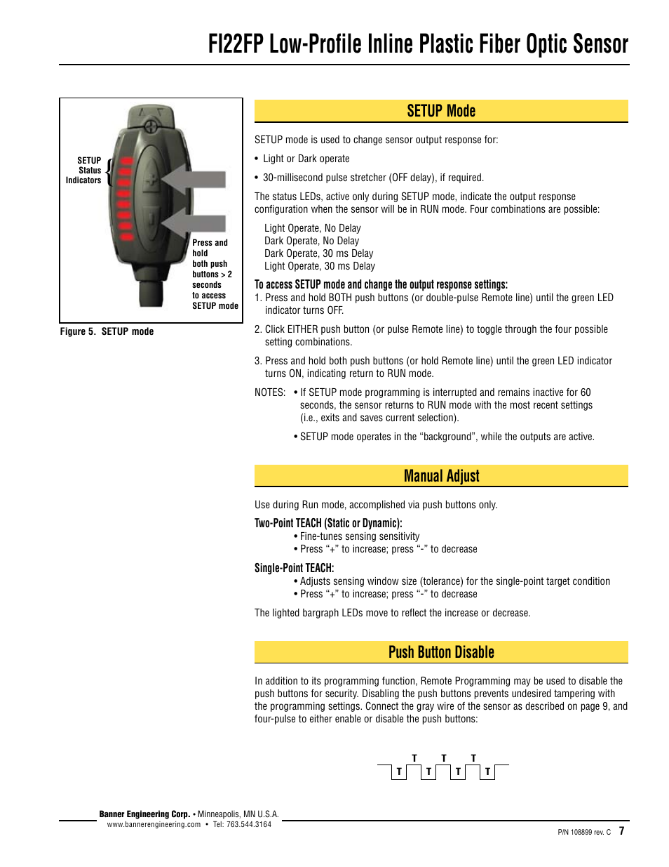 Setup mode, Manual adjust, Push button disable | Banner FI22 Expert Series User Manual | Page 7 / 12