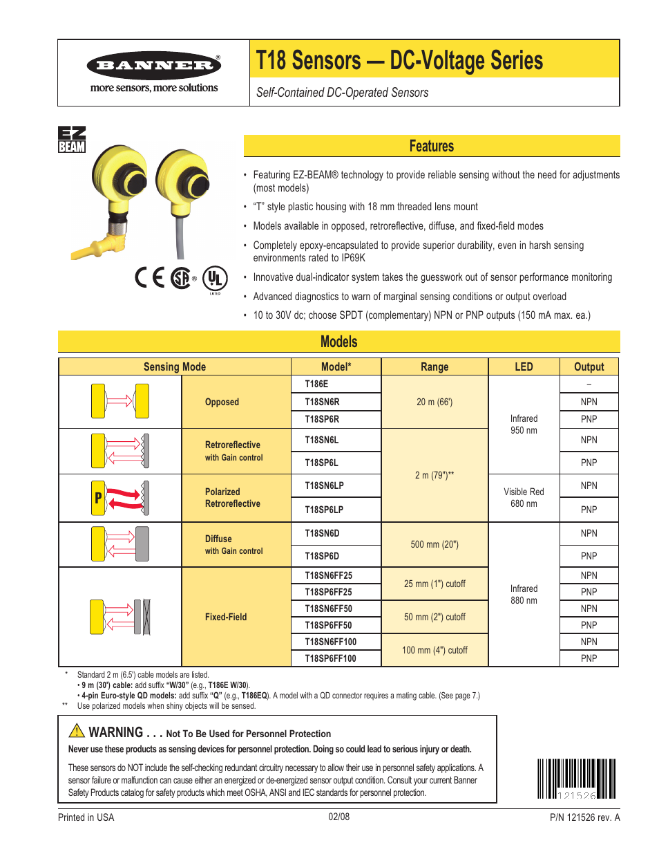 Banner T18 Series User Manual | 6 pages