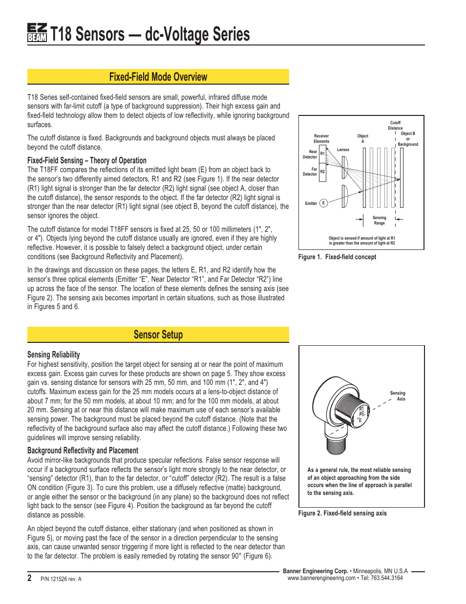 T18 sensors — dc-voltage series, Fixed-field mode overview, Sensor setup | Fixed-field sensing – theory of operation, Sensing reliability, Background reflectivity and placement | Banner T18 Series User Manual | Page 2 / 6