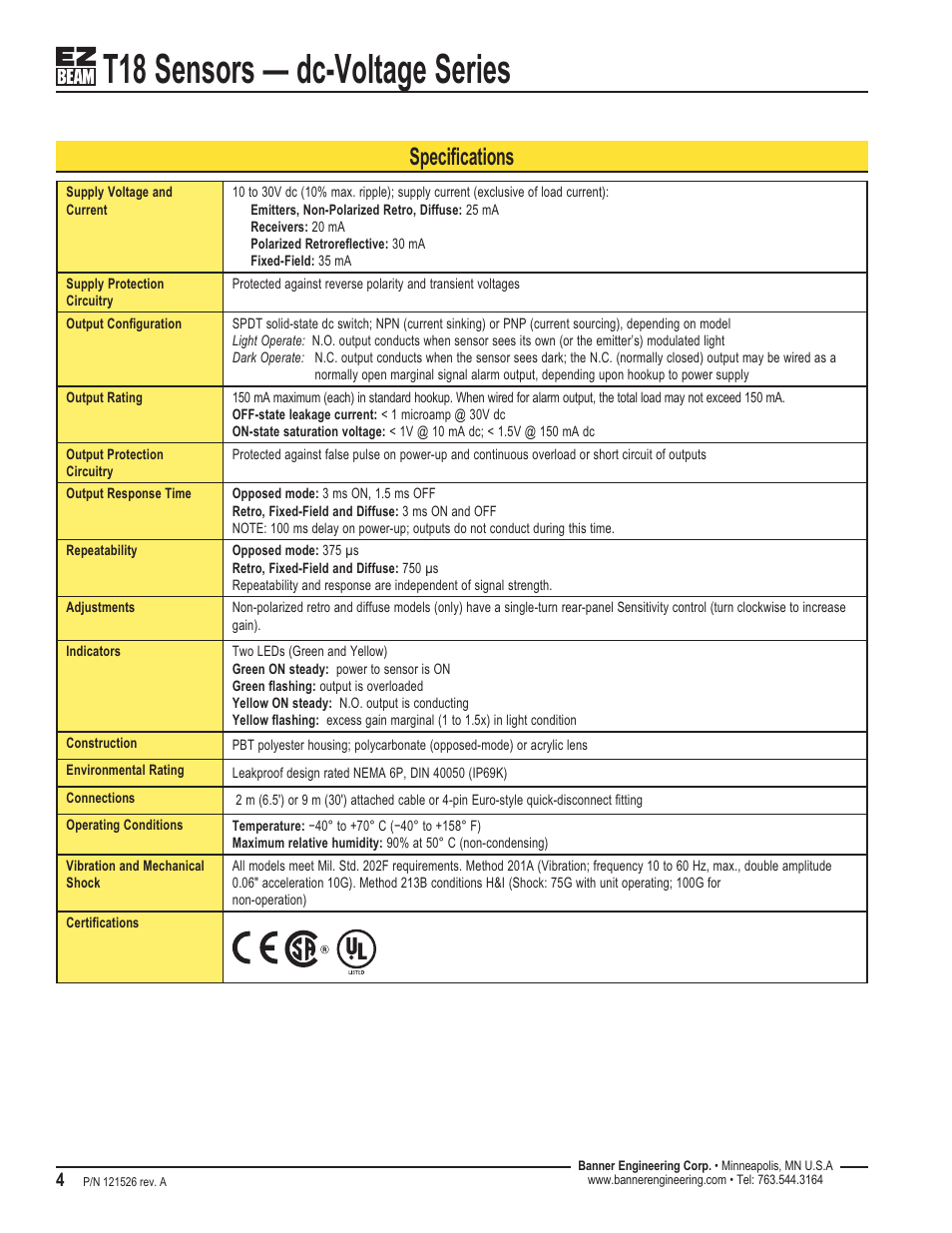 T18 sensors — dc-voltage series, Specifications | Banner T18 Series User Manual | Page 4 / 6