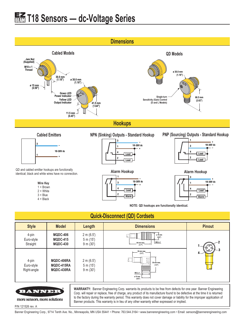 T18 sensors — dc-voltage series, Dimensions quick-disconnect (qd) cordsets, Hookups | Qd models, Style model length dimensions pinout, Alarm hookup | Banner T18 Series User Manual | Page 6 / 6