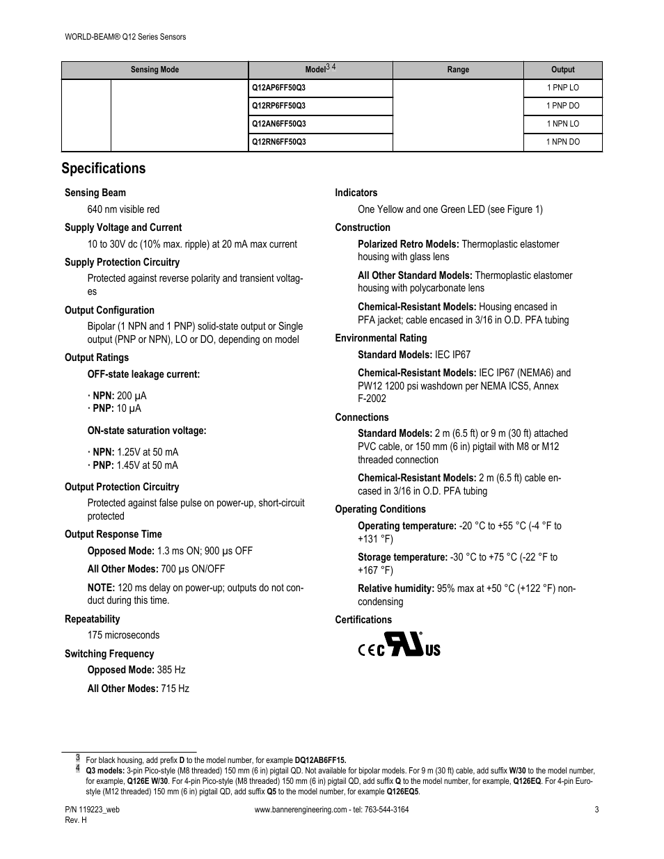 Specifications | Banner WORLD-BEAM Q12 Series User Manual | Page 3 / 9