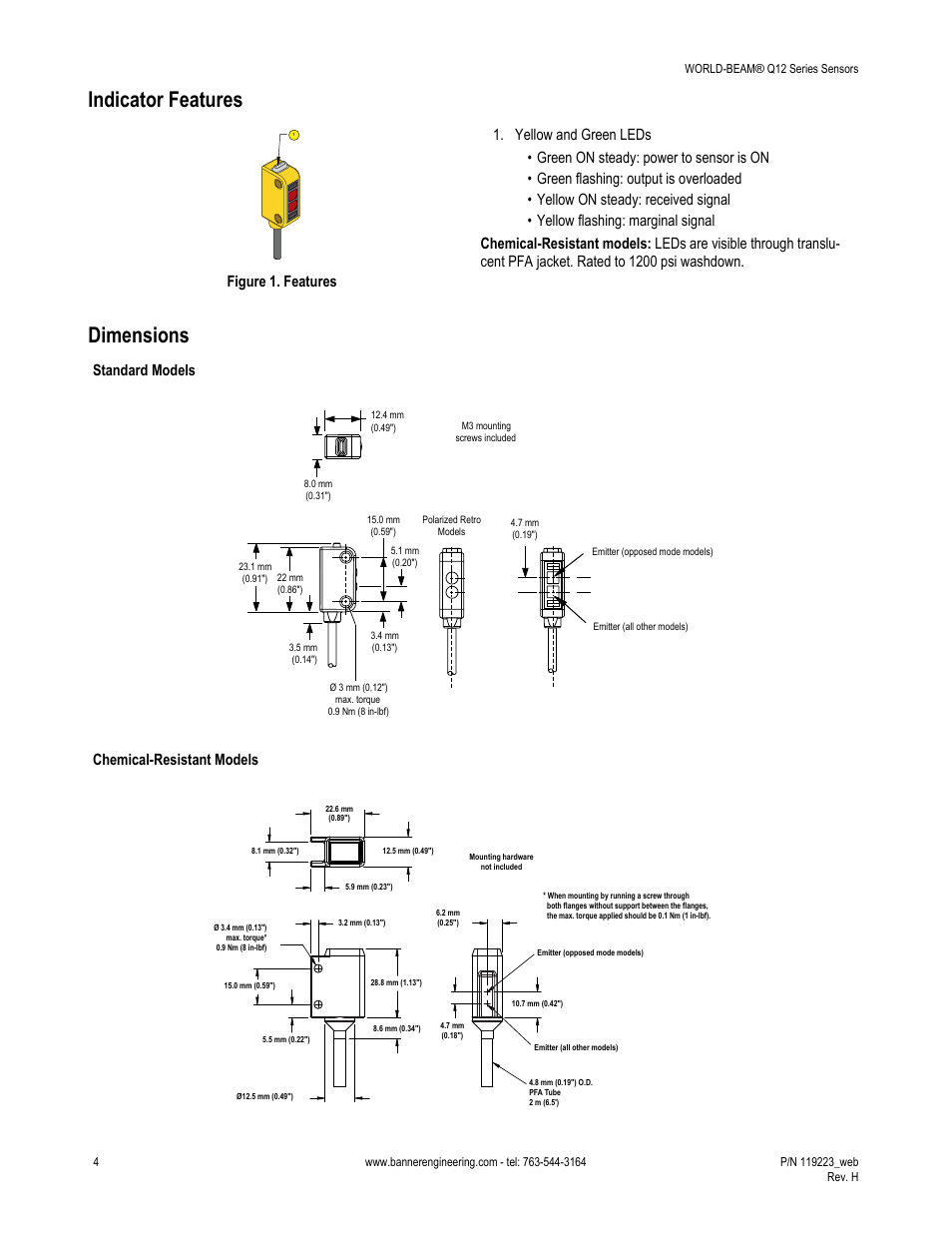 Indicator features, Dimensions, Standard models | Chemical-resistant models | Banner WORLD-BEAM Q12 Series User Manual | Page 4 / 9