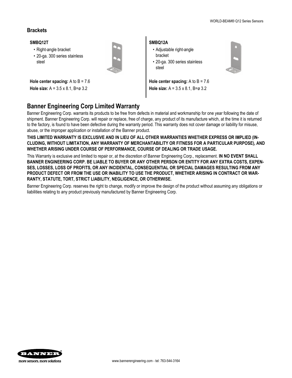 Banner engineering corp limited warranty, Brackets | Banner WORLD-BEAM Q12 Series User Manual | Page 9 / 9