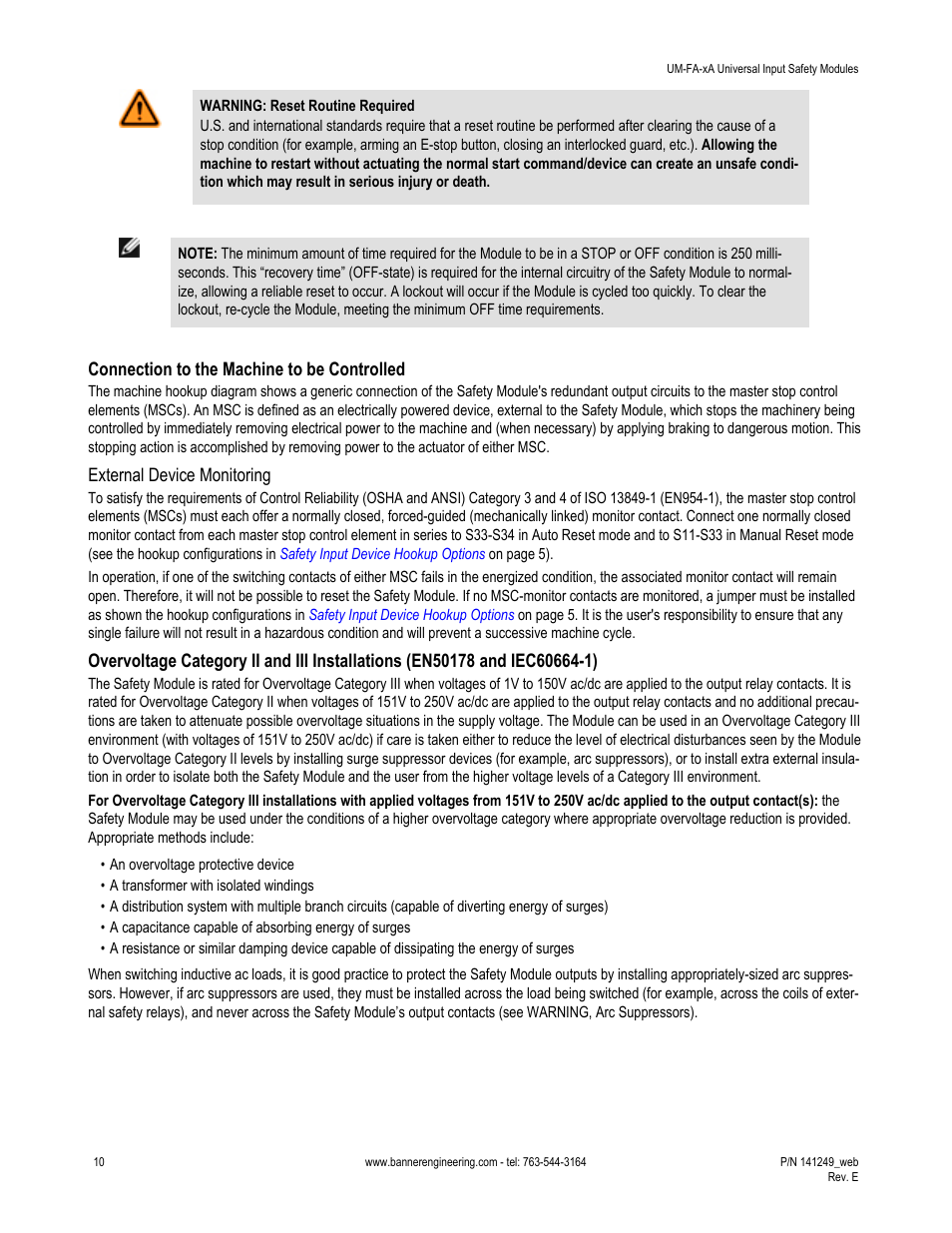 Connection to the machine to be controlled, External device monitoring | Banner Universal Input Safety Modules User Manual | Page 10 / 15