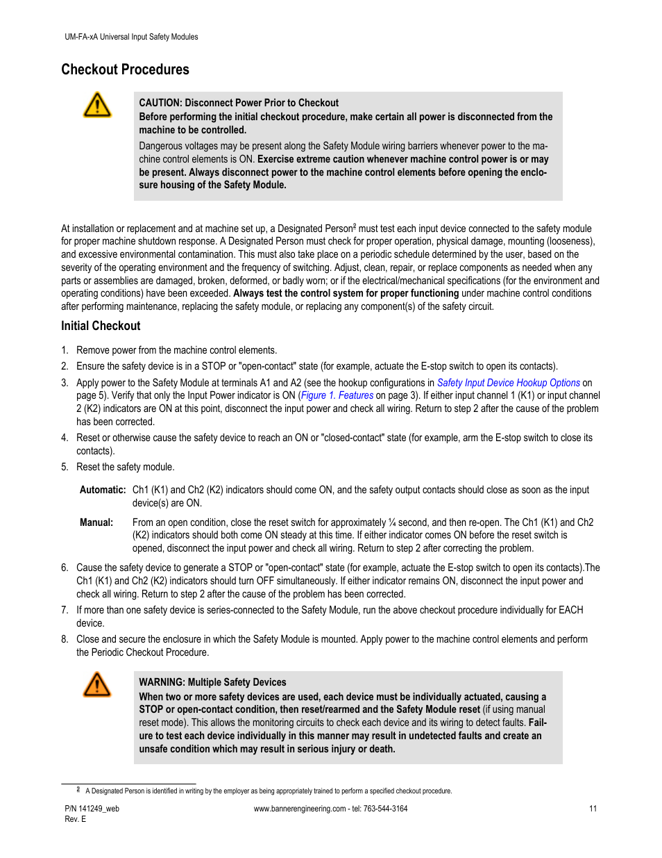 Checkout procedures, Initial checkout | Banner Universal Input Safety Modules User Manual | Page 11 / 15