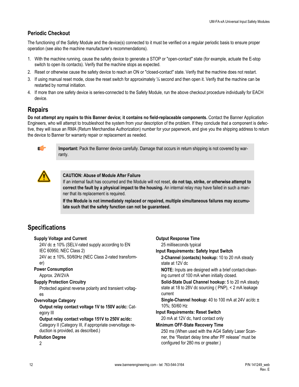 Periodic checkout, Repairs, Specifications | Banner Universal Input Safety Modules User Manual | Page 12 / 15